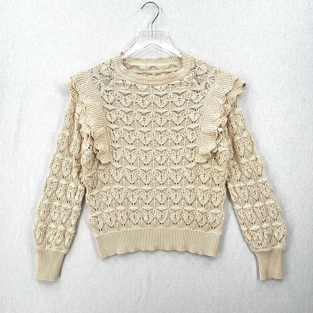 LINE + DOT Diane Sweater Womens Large Cream Crochet Ruffle Shoulder Round Neck - Picture 6 of 15